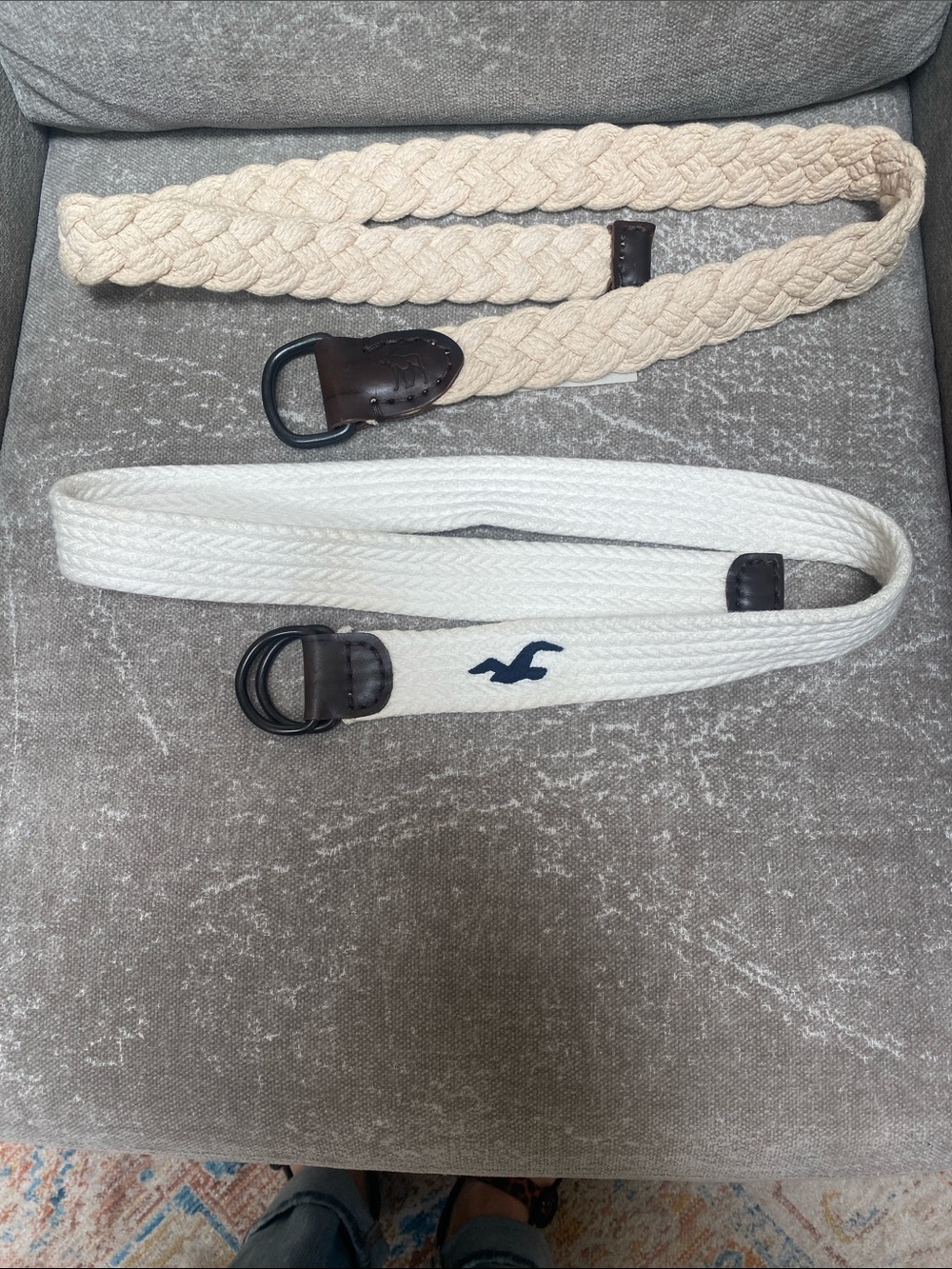Abercrombie and Hollister White Braided Cotton Web D-Ring Belt with Navy Logo